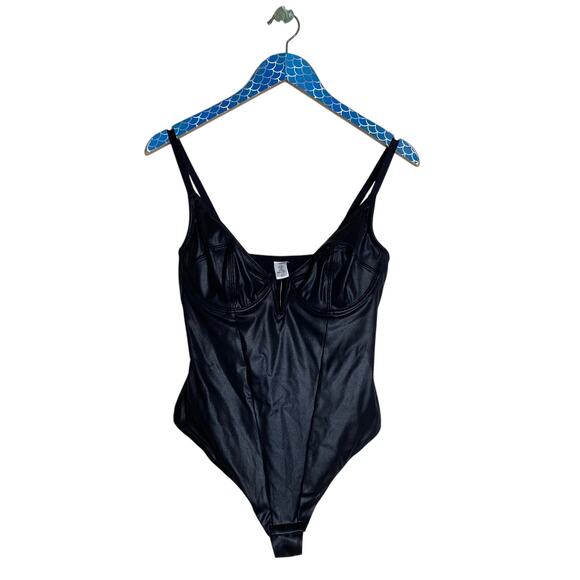 POPILUSH Shapewear Black Faux Leather Plunging V Sculpting Corset Bodysuit Large - Picture 2 of 9